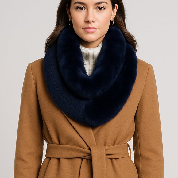 Lafayette 148 New York Accessories - Lafayette 148 Genuine Rabbit Fur Trim Wool Cashmere Knit Tube Scarf Blue O/S